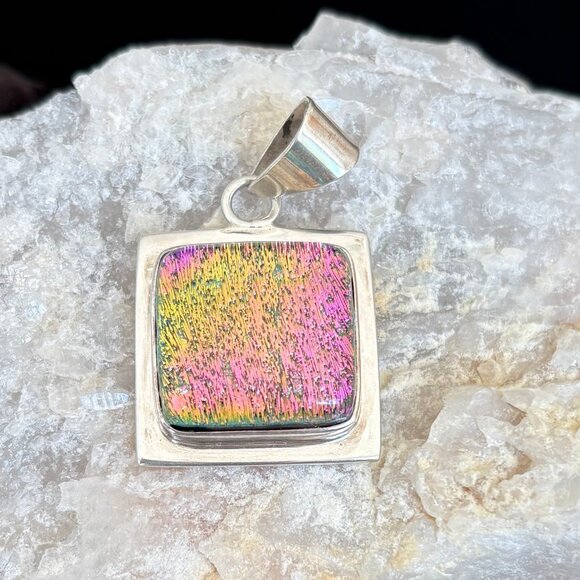 Art Glass Dichroic Glass & Sterling Silver Pendant Pink & Lime Green - Picture 2 of 4